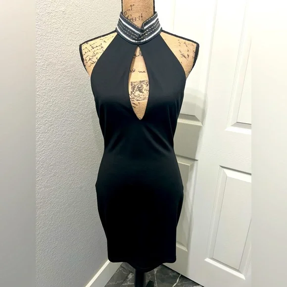 bebe black halter dress Bebe Women's Jersey Halter Maxi Dress with Lace Inset, Size Medium in Black Spandex